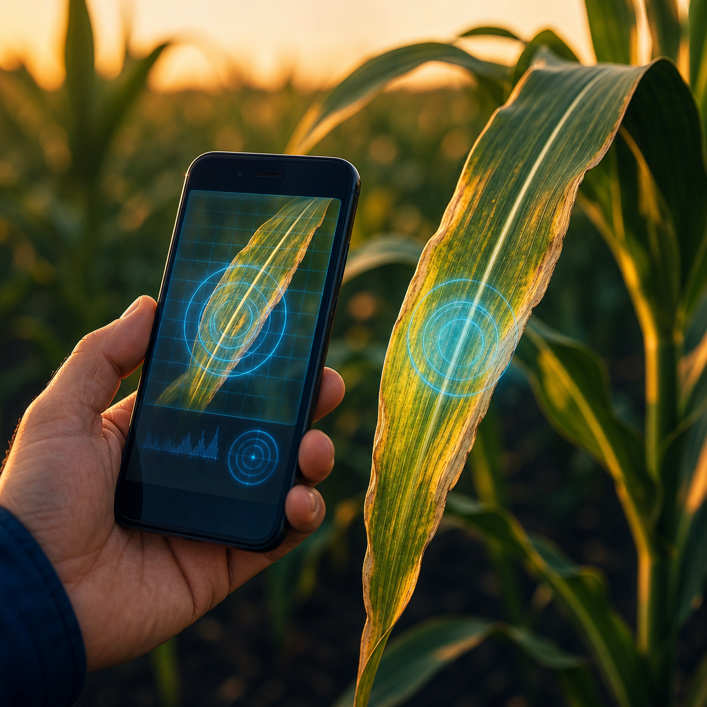 Phone scanning a crop leaf for stress